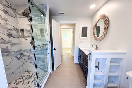 Blue Poolside Bathroom Remodel 